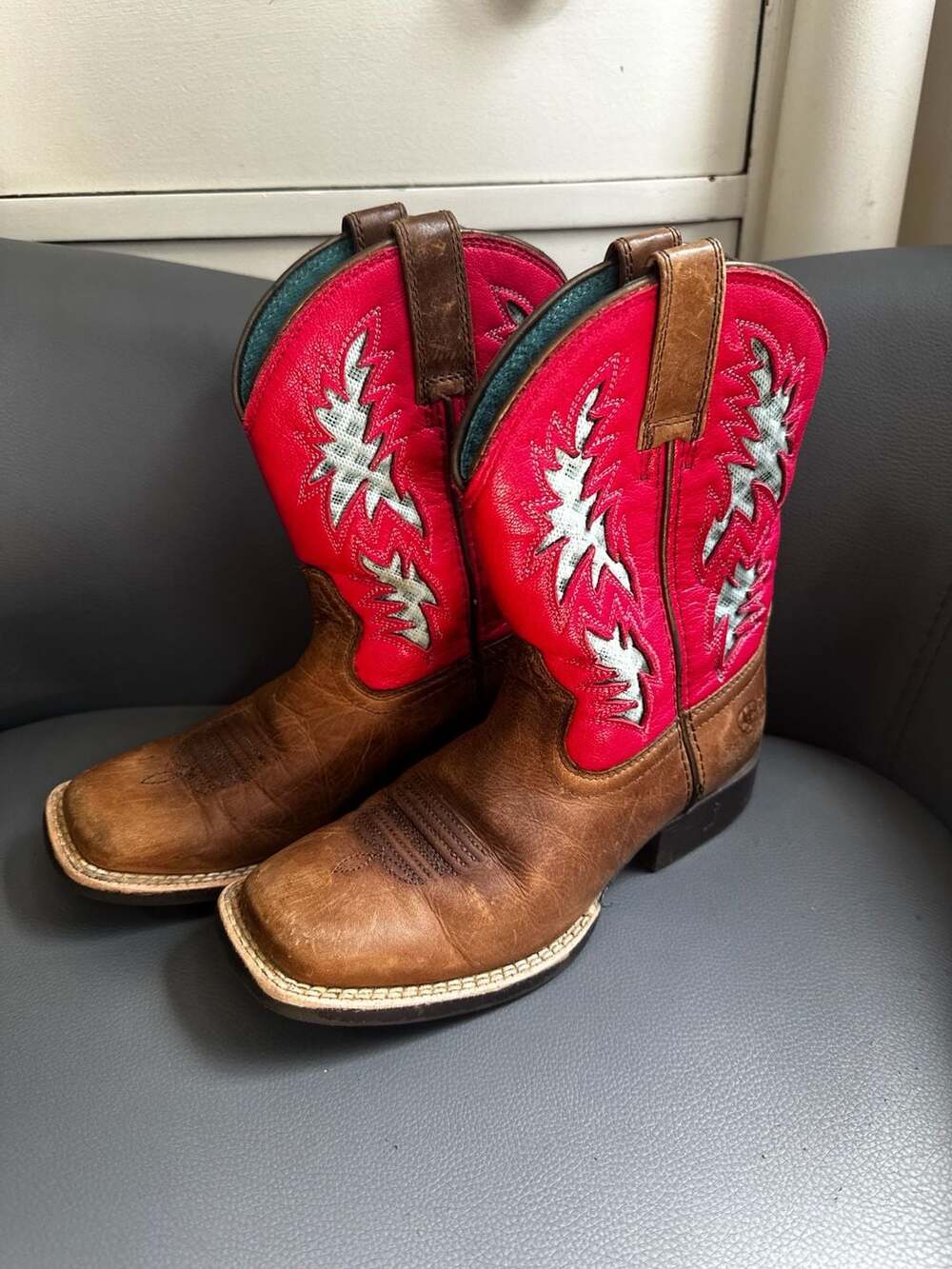 Ariat Youth 13 Homestead VentTEK Western Cowboy Boots Brown Ruby Red/Pink & Teal